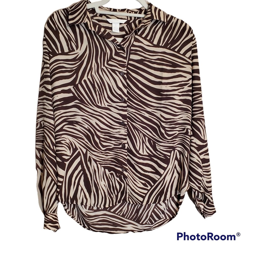 HM Size 4 Woman's Tiger Print Sheer  Button Down Blouse